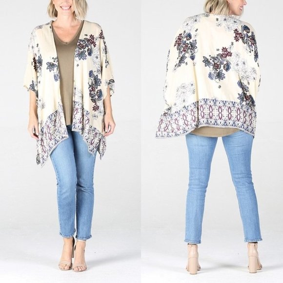 Nostalgia Floral Cardigan Kimono • Beige • Short Sleeve • Loose Fit • Open Front - Picture 1 of 4